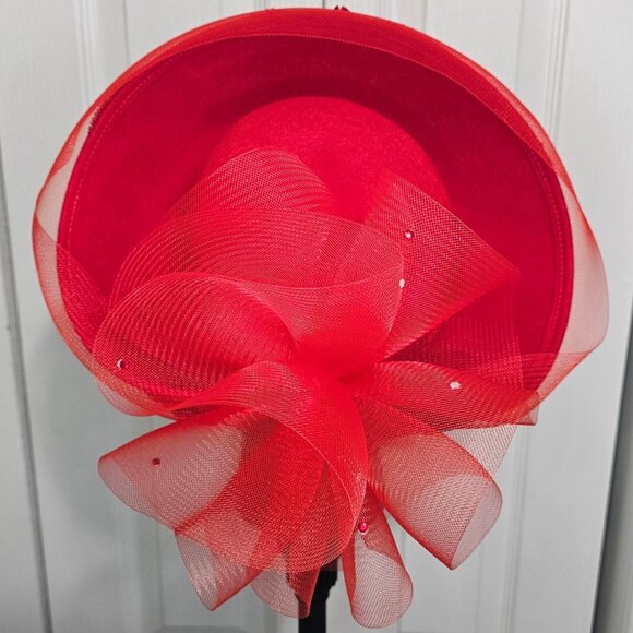 Mr Hi's Vintage Red Church Hat Wool Derby Beads Sequin Tulle Bow Formal USA - Picture 3 of 10